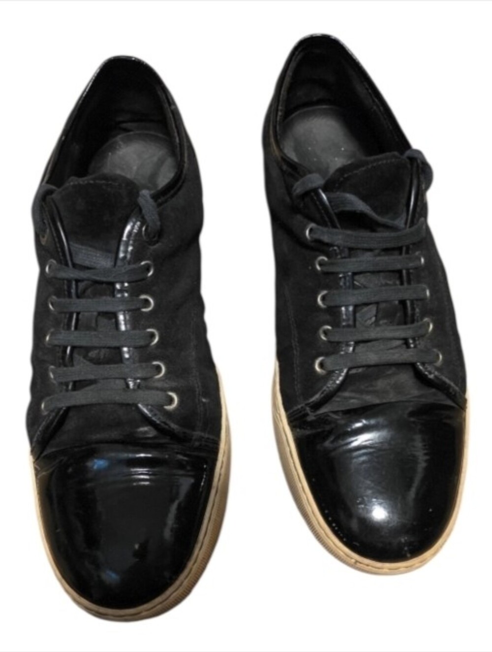 Lanvin DBB1 Black Suede And Patent Leather Cap Toe Sneakers Size 12 Mens